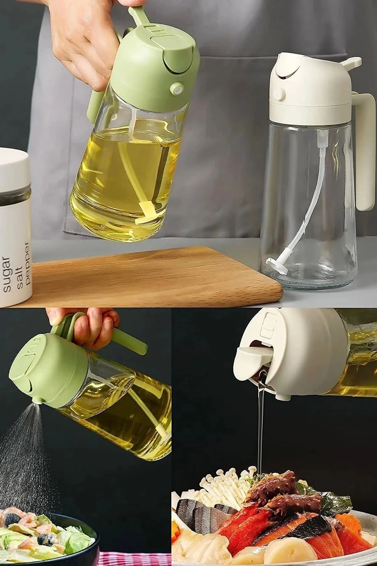 Çift Fonksiyonlu Cam Yağdanlık 550ml Zeytinyağı Sıvıyağ Şişesi Airfryer Sprey Yağlık Sirkelik