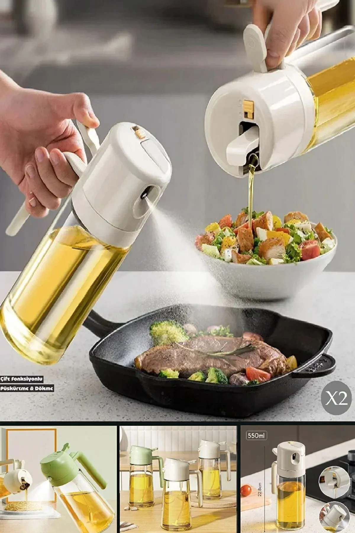 Çift Fonksiyonlu Cam Yağdanlık 550ml Zeytinyağı Sıvıyağ Şişesi Airfryer Sprey Yağlık Sirkelik