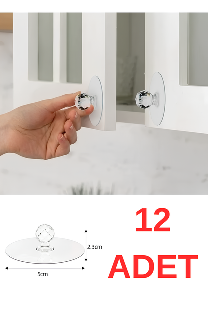 12 Adet Dolap Çekmece Kristal Görünümlü Tutacak Set Pratik Yapışkanlı Mobilya Komidin Kulpu Askı